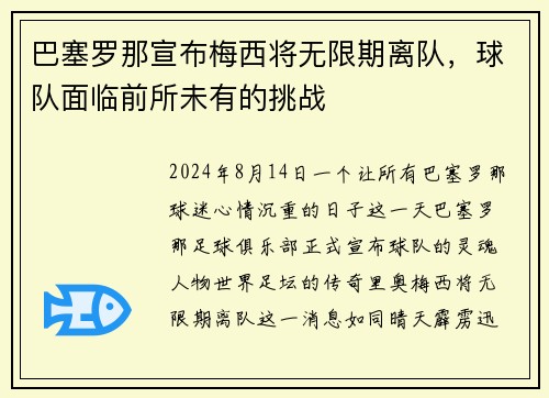 巴塞罗那宣布梅西将无限期离队，球队面临前所未有的挑战